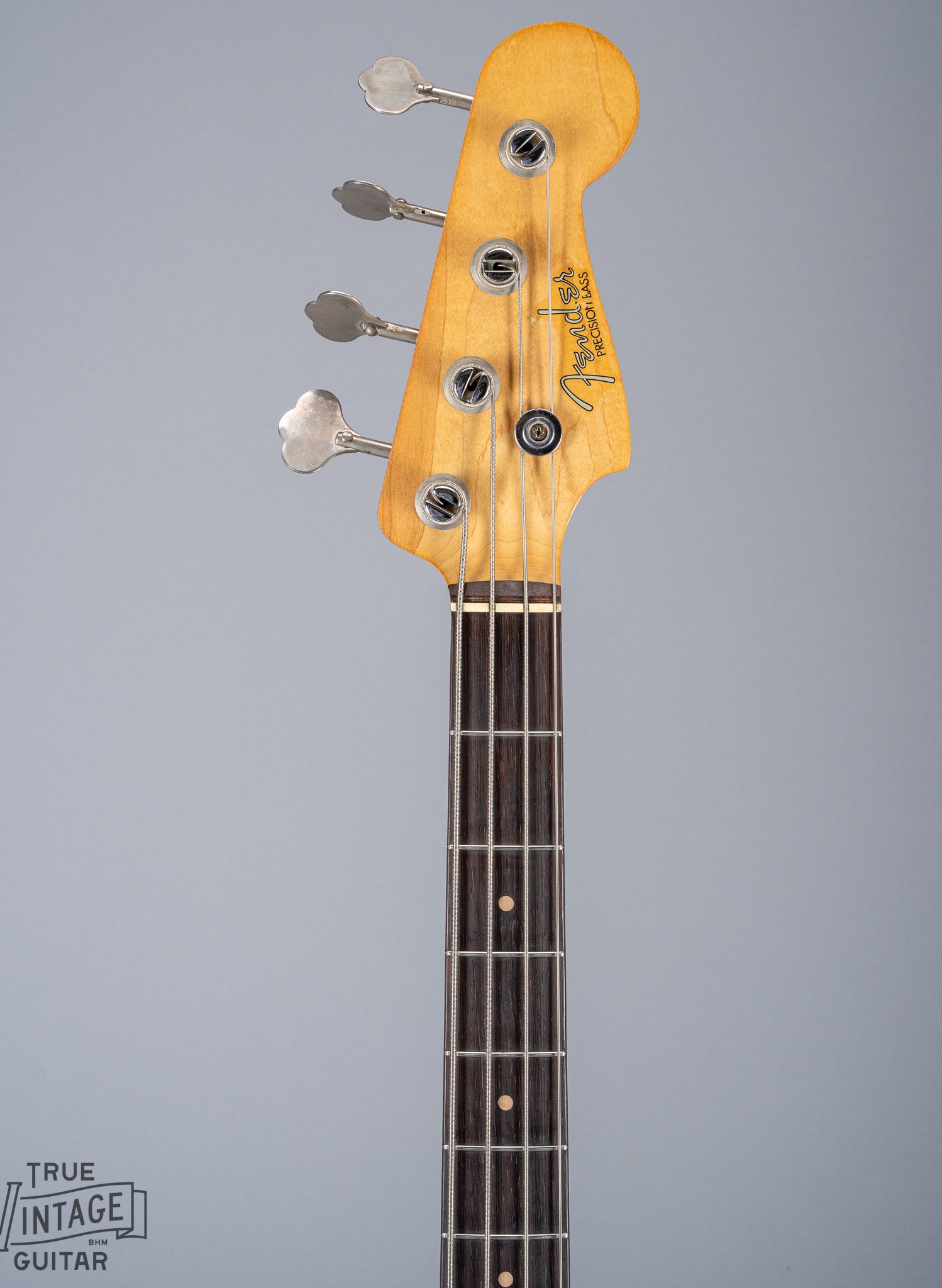 front of 1959 Fender Precision Bass P Bass Sunburst neck and headstock fretboard