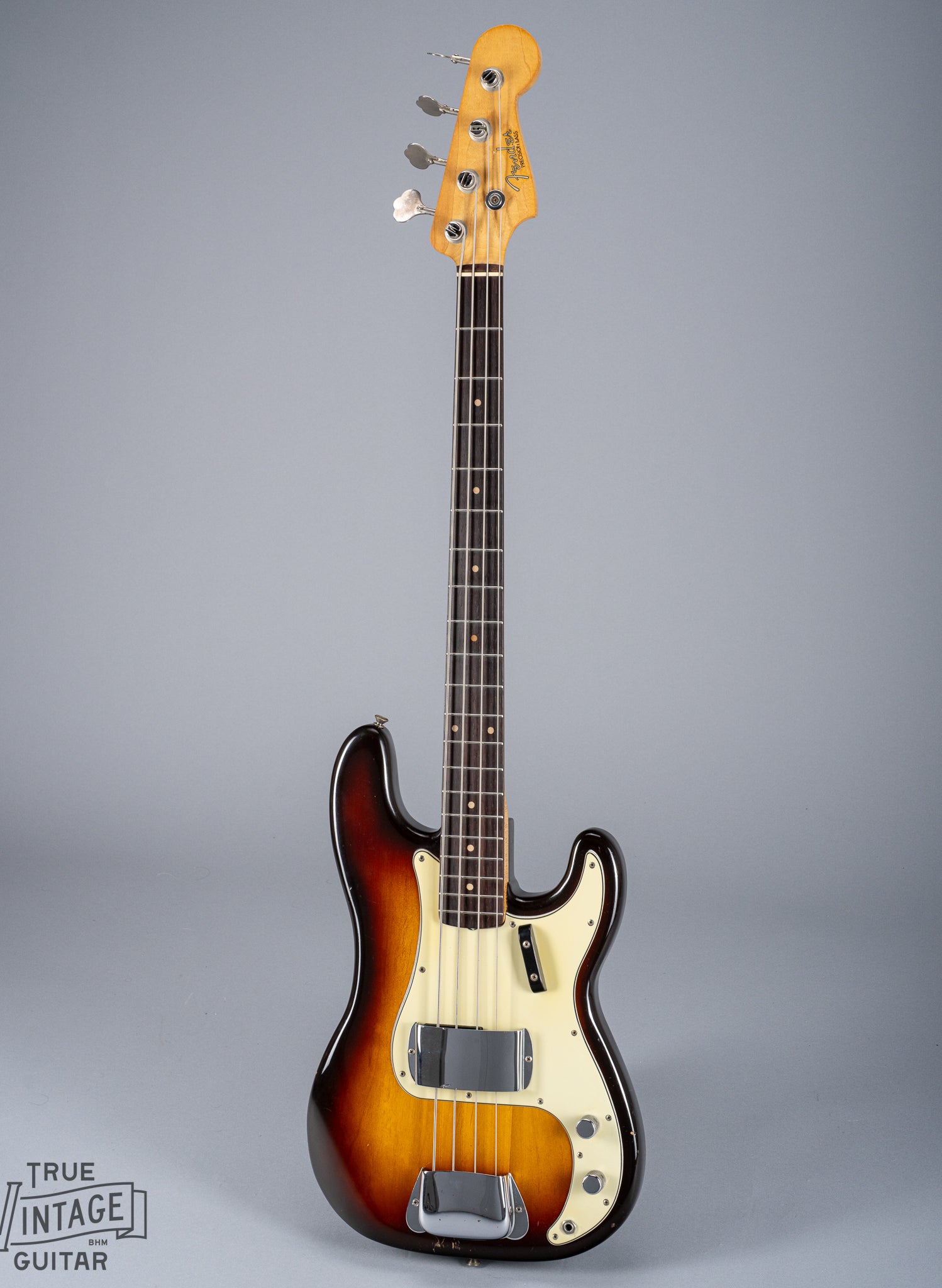 full front of 1959 Fender Precision Bass P Bass Sunburst pickguard pickup and bridge chrome cover neck and headstock fretboard Three Layer Nitrate Mint Pick Guard
