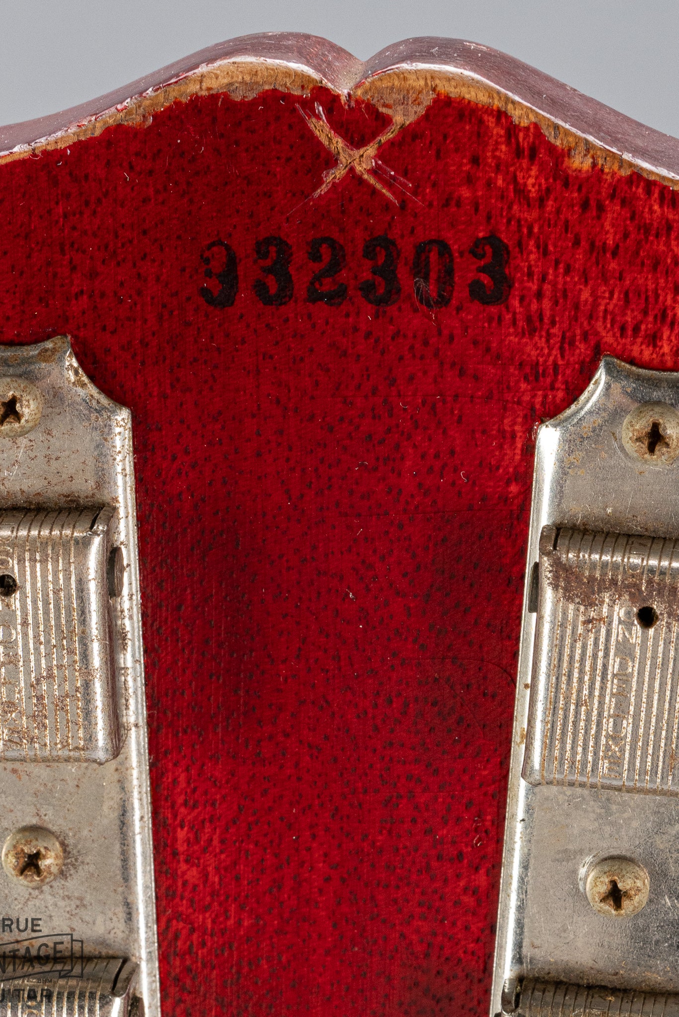 back of 1959 Gibson Les Paul Junior cherry guitar tuning machines tuner buttons serial number neck and headstock