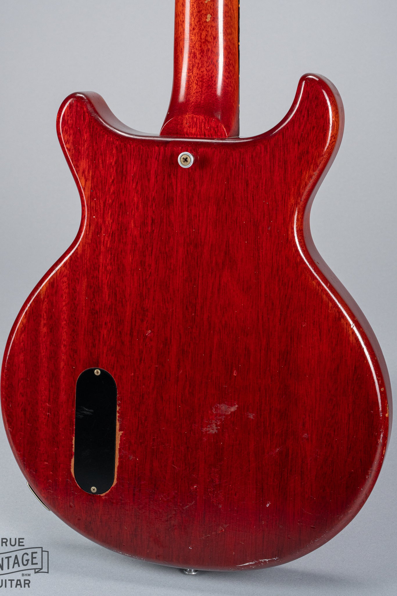 Back of 1959 Gibson Les Paul Junior Cherry guitar control cavity strap buttons neck heel red