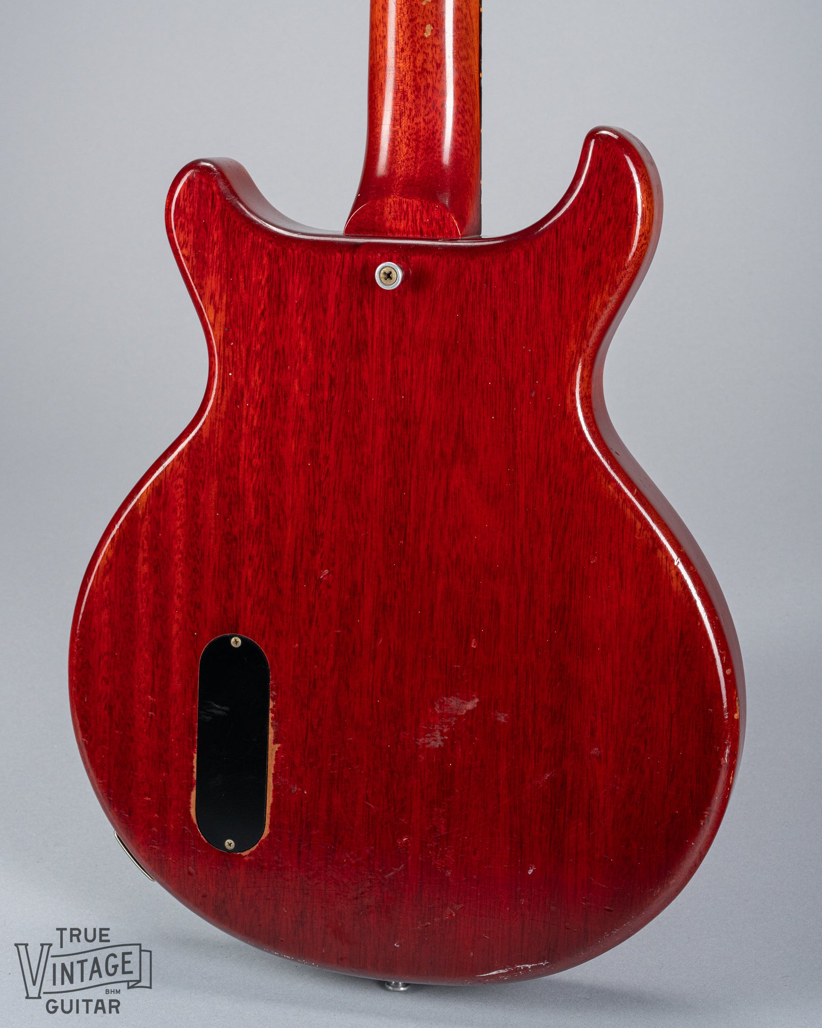 Back of 1959 Gibson Les Paul Junior Cherry guitar control cavity strap buttons neck heel red