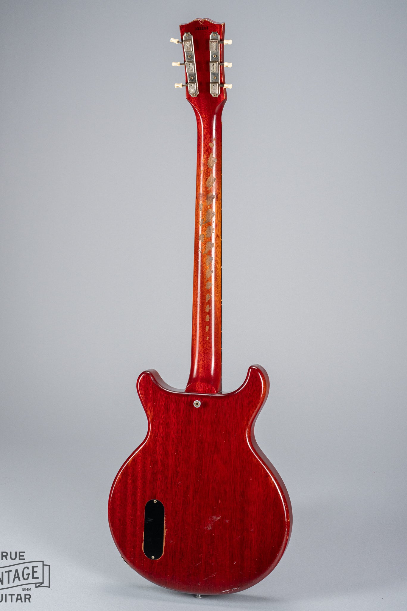 Back of 1959 Gibson Les Paul Junior Cherry guitar control cavity strap buttons neck heel tuning machines serial number red
