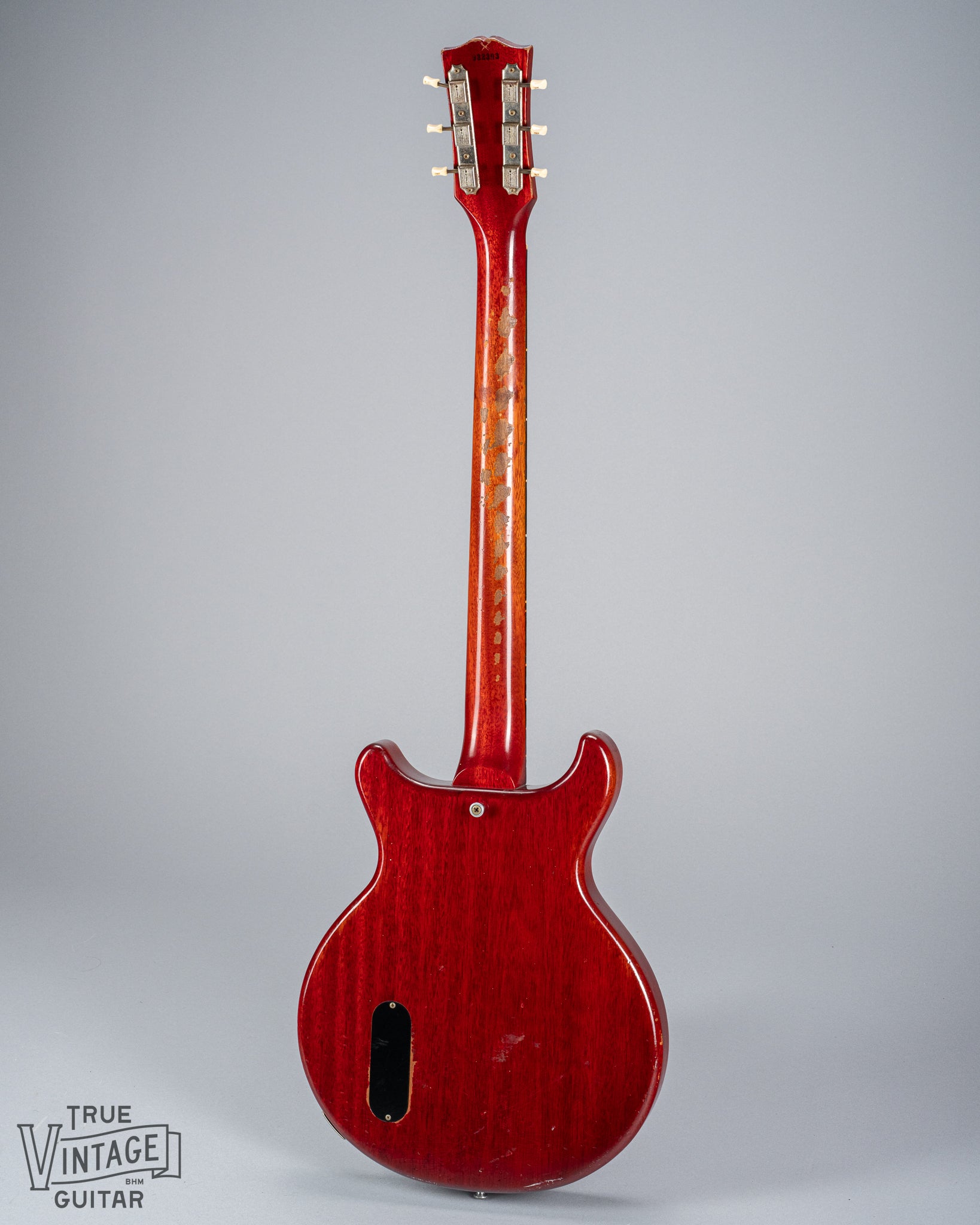 Back of 1959 Gibson Les Paul Junior Cherry guitar control cavity strap buttons neck heel tuning machines serial number red