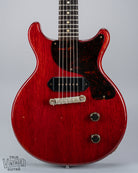 Front of 1959 Gibson Les Paul Junior cherry guitar dog ear p90 pickup tortoise pickguard volume and tone controls wrap around tail piece bridge fretboard original frets inlays
