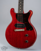 Front of 1959 Gibson Les Paul Junior cherry guitar dog ear p90 pickup tortoise pickguard volume and tone controls wrap around tail piece bridge fretboard original frets inlays