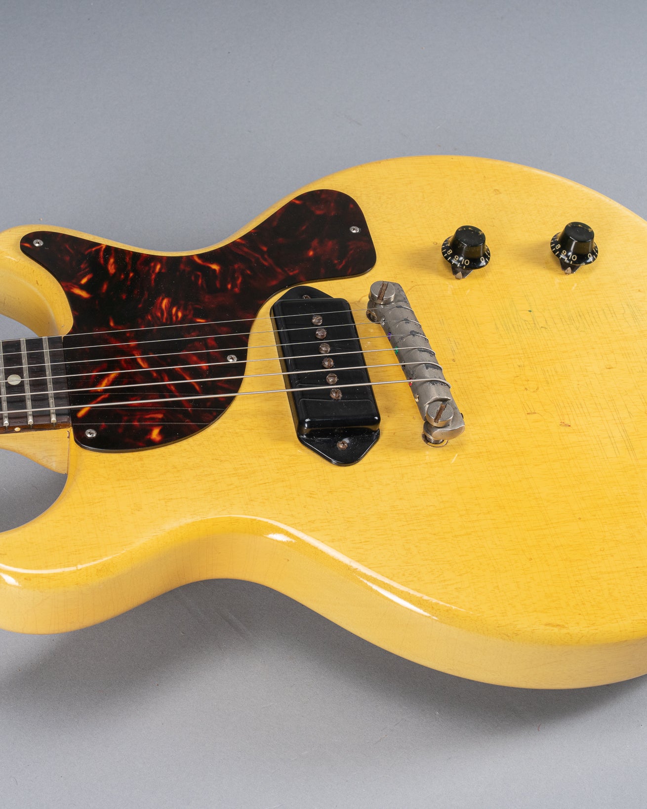 Front of 1959 Gibson Les Paul TV Model body, tortoise pick guard, dog ear p90, double cutaway, TV yellow