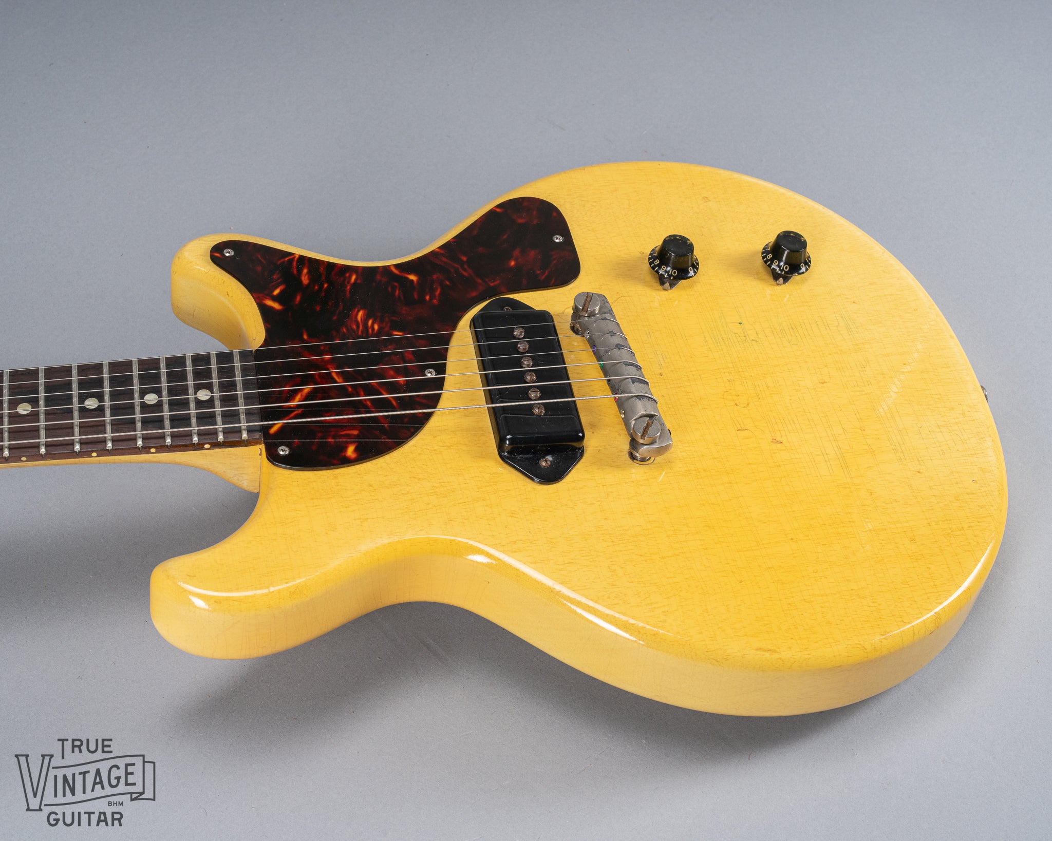 Front of 1959 Gibson Les Paul TV Model body, tortoise pick guard, dog ear p90, double cutaway, TV yellow