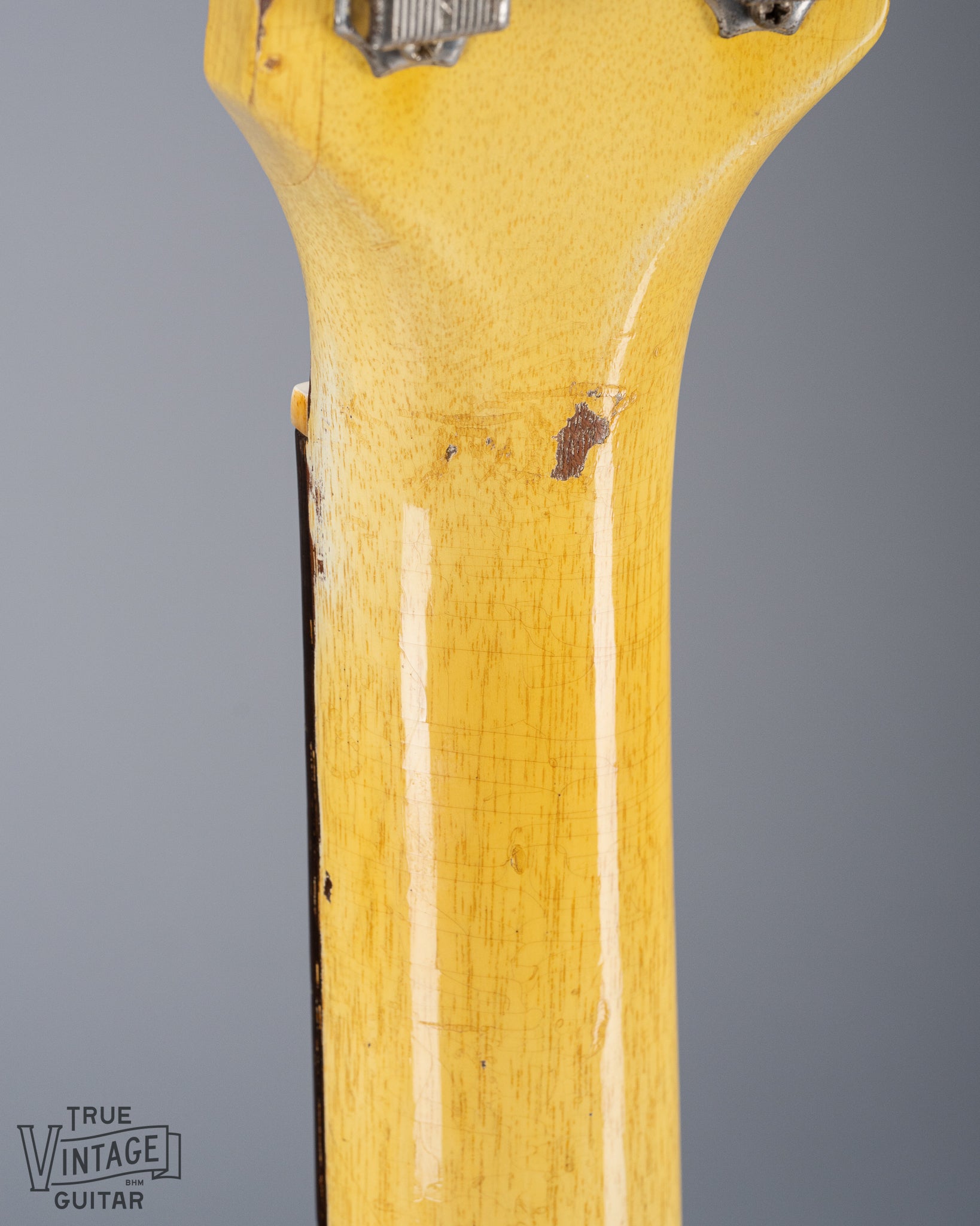 Back of 1959 Gibson Les Paul TV Model neck joint, headstock, TV yellow, neck