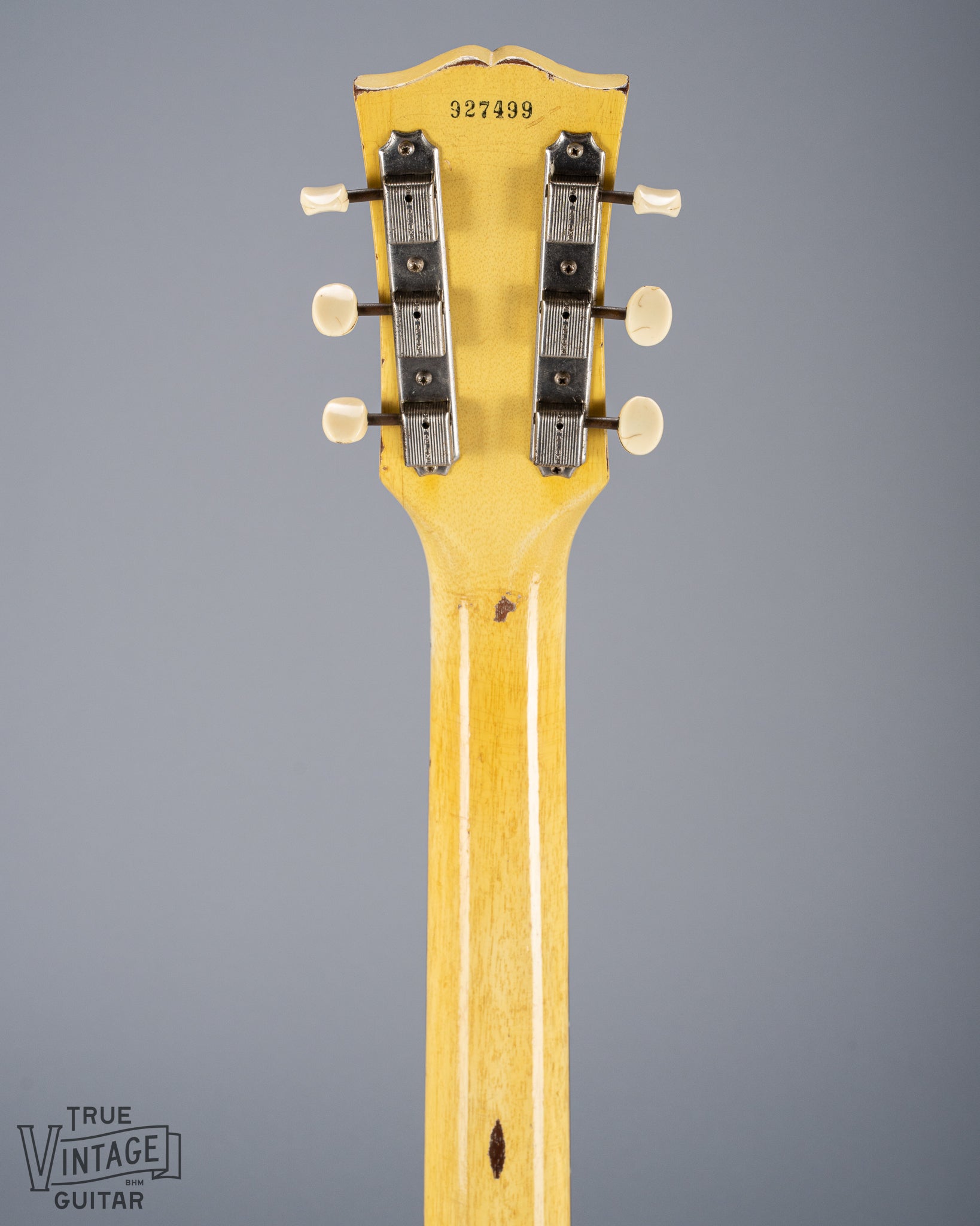 Back of 1959 Gibson Les Paul TV Model headstock, Logo, TV yellow, tuning machines, tuner buttons, serial number, neck