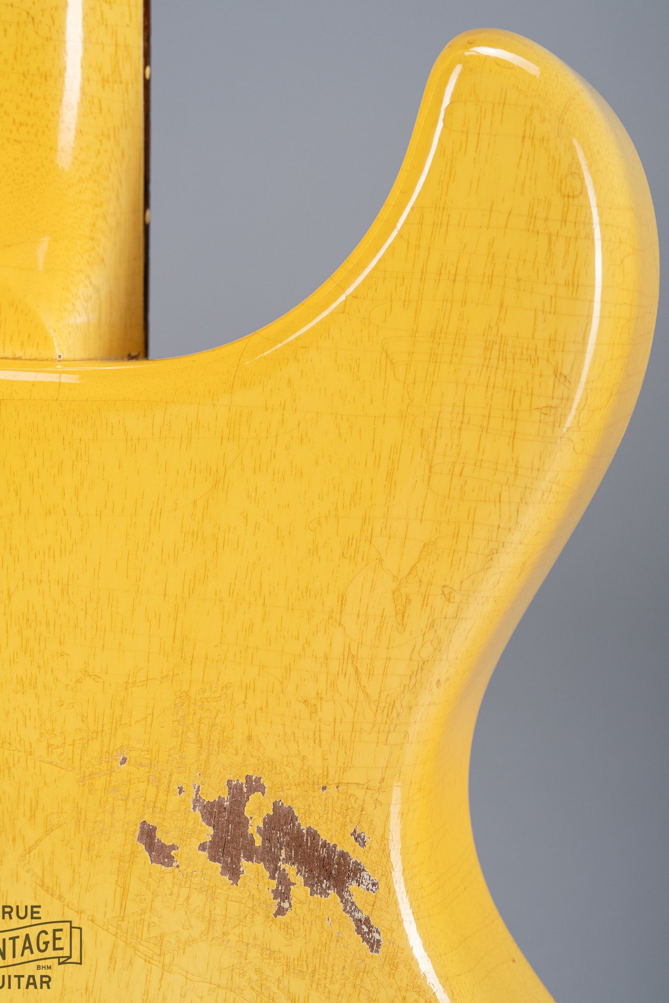 Back of 1959 Gibson Les Paul TV Model body, neck, tortoise pick guard, dog ear p90, double cutaway, TV yellow, horn