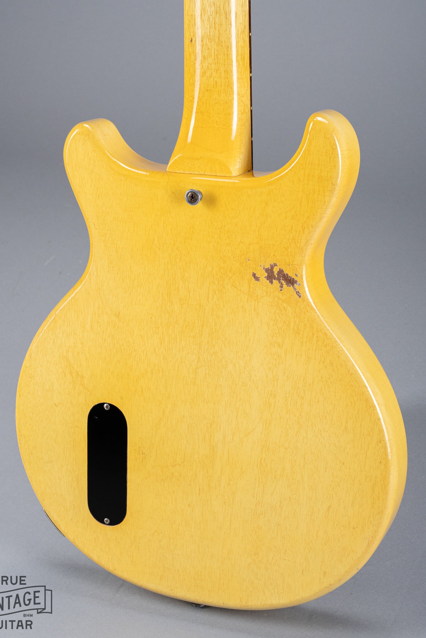 Back of 1959 Gibson Les Paul TV Model body, neck, tortoise pick guard, dog ear p90, double cutaway, TV yellow, strap button