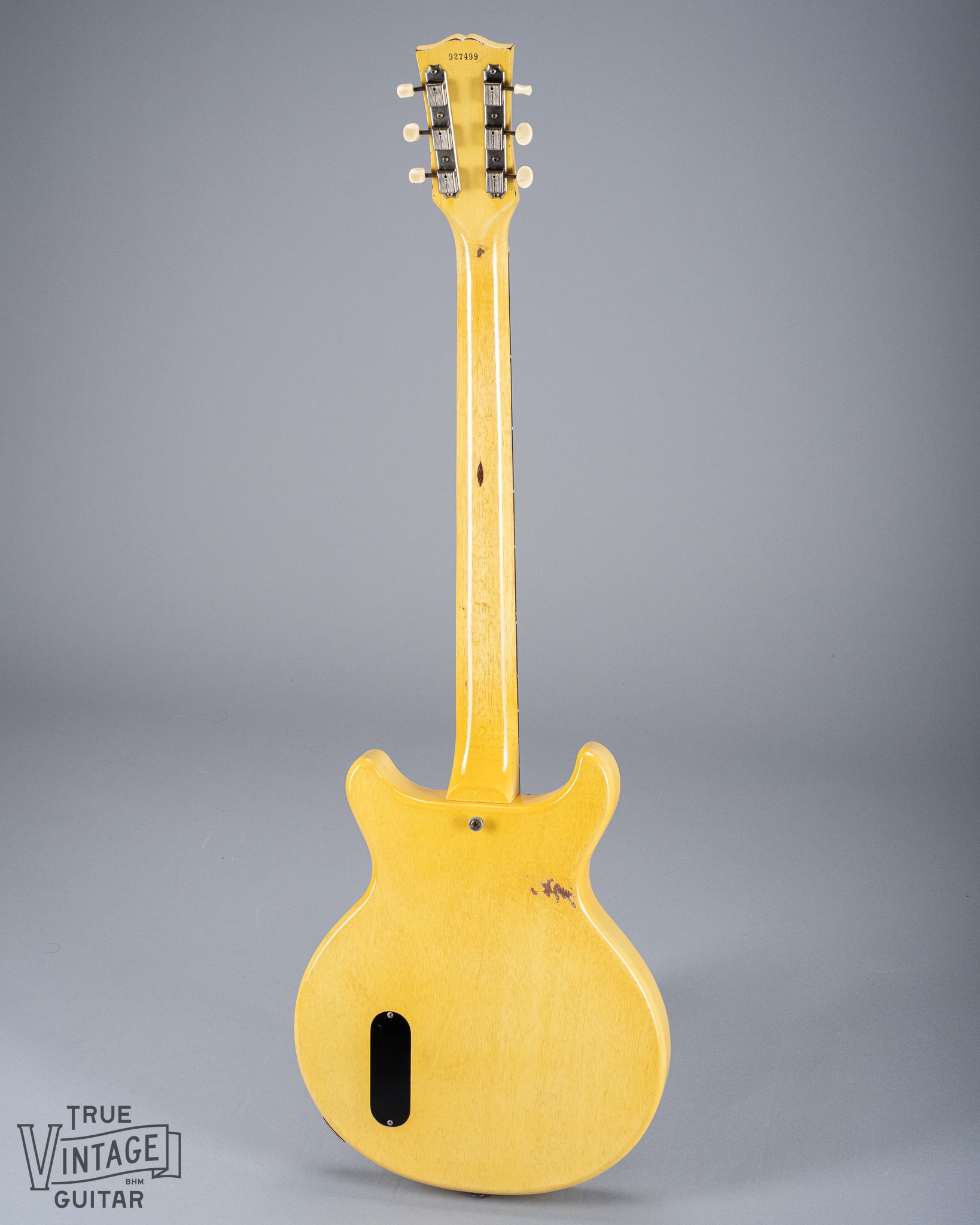 Full back of 1959 Gibson Les Paul TV Model body, neck, headstock, tortoise pick guard, dog ear p90, double cutaway, TV yellow, serial number, tuning machines, tuner buttons