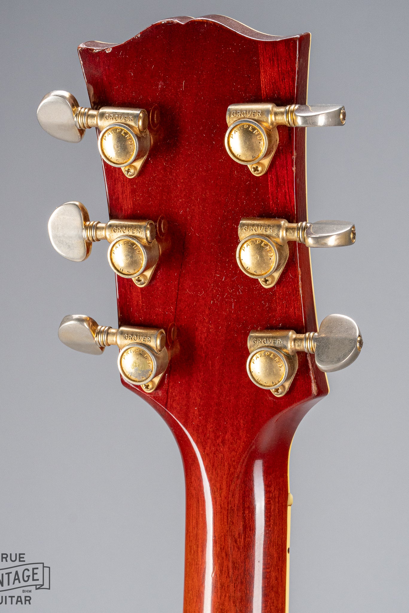 1959 Gibson ES-355 T Mono Cherry Watermelon red guitar back of headstock