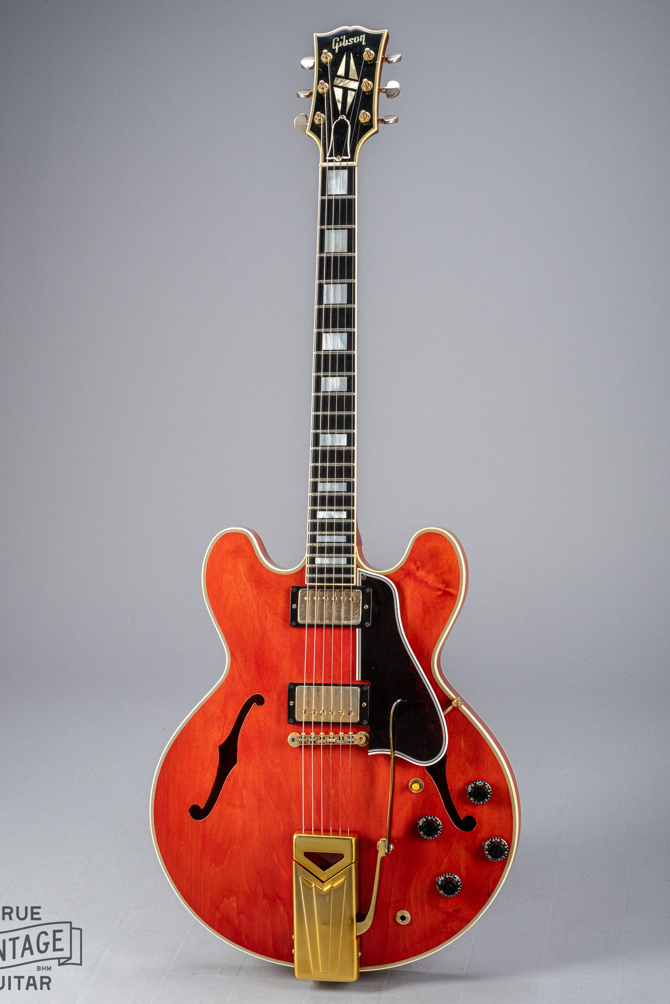 1959 Gibson ES-355 T Mono Cherry Watermelon red guitar body neck and headstock gold hardware sideways vibrola