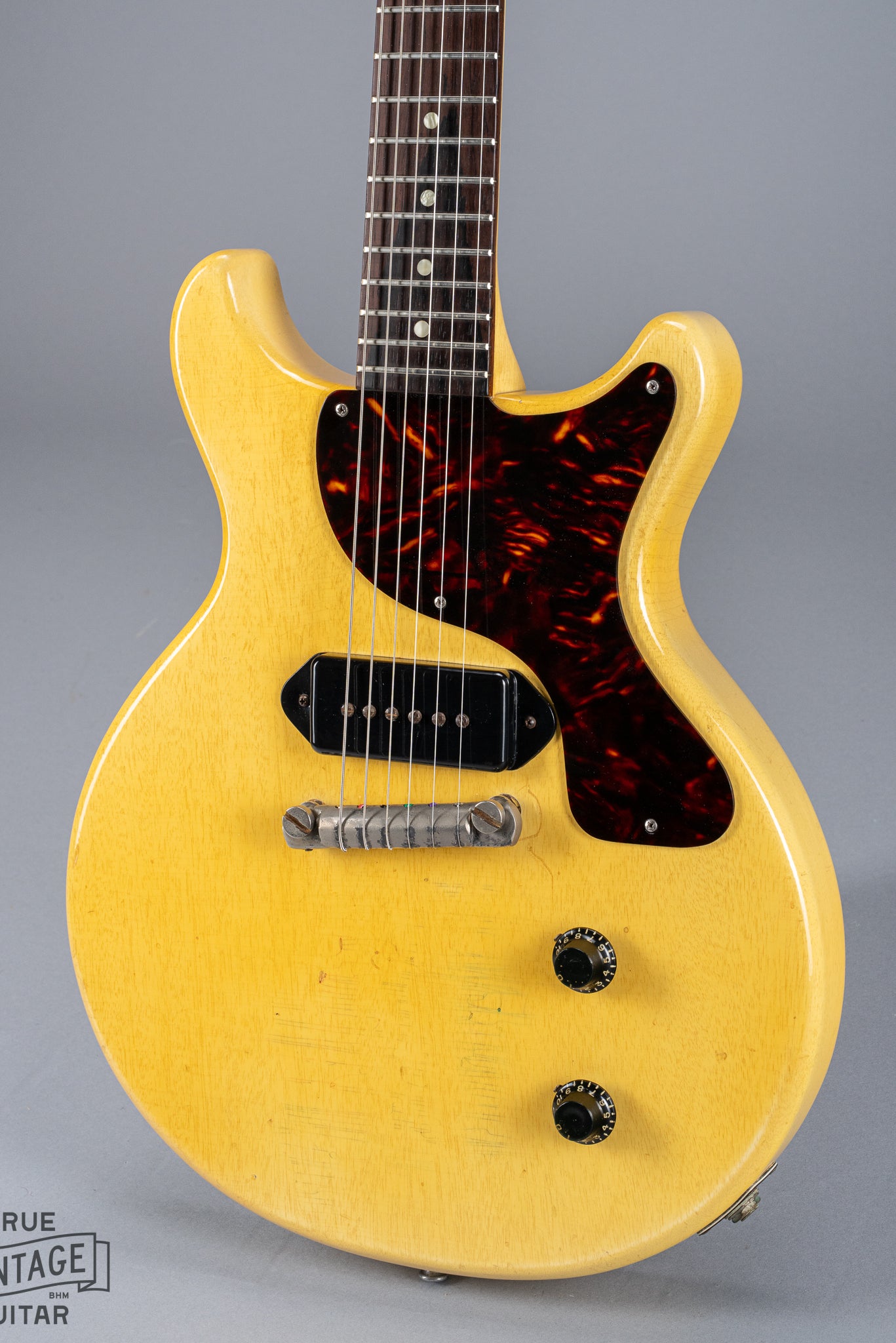 Full front of 1959 Gibson Les Paul TV Model body, neck, tortoise pick guard, dog ear p90, double cutaway, TV yellow