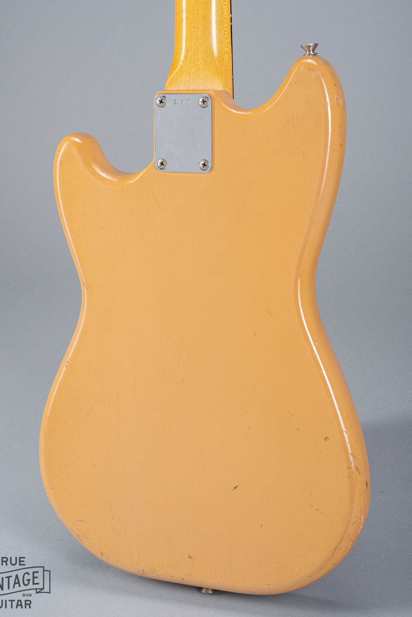 Back of 1960 Fender Musicmaster desert sand guitar body neck plate