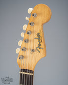 Front of 1960 Fender Musicmaster desert sand guitar headstock logo tuner buttons nut