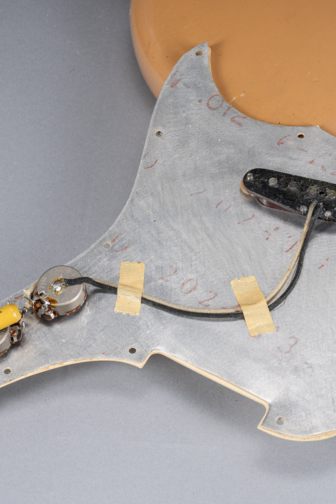 1960 Fender Musicmaster desert sand guitar electronics wiring under the pickguard