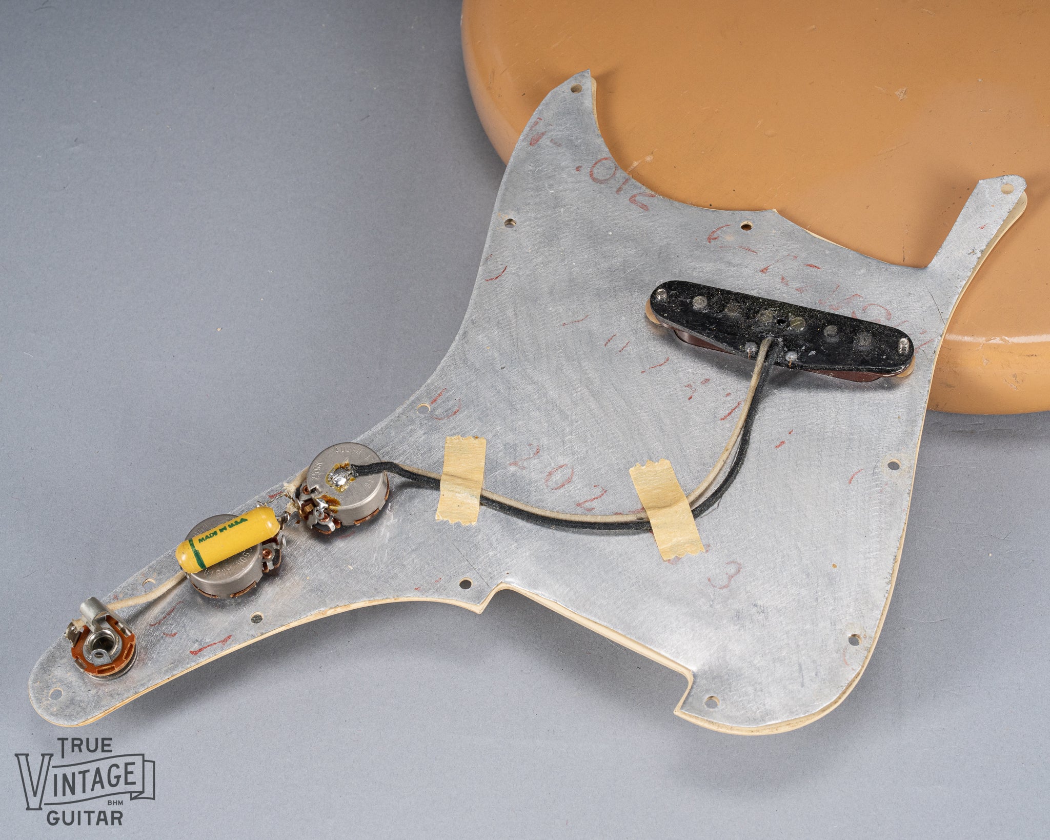 1960 Fender Musicmaster desert sand guitar electronics wiring under the pickguard