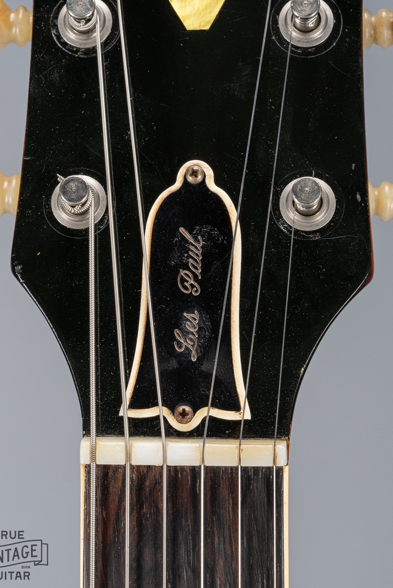 Front of 1961 Gibson Les Paul Standard Cherry Neck and Headstock Nut Original Tuners Logo Truss Rod Cover
