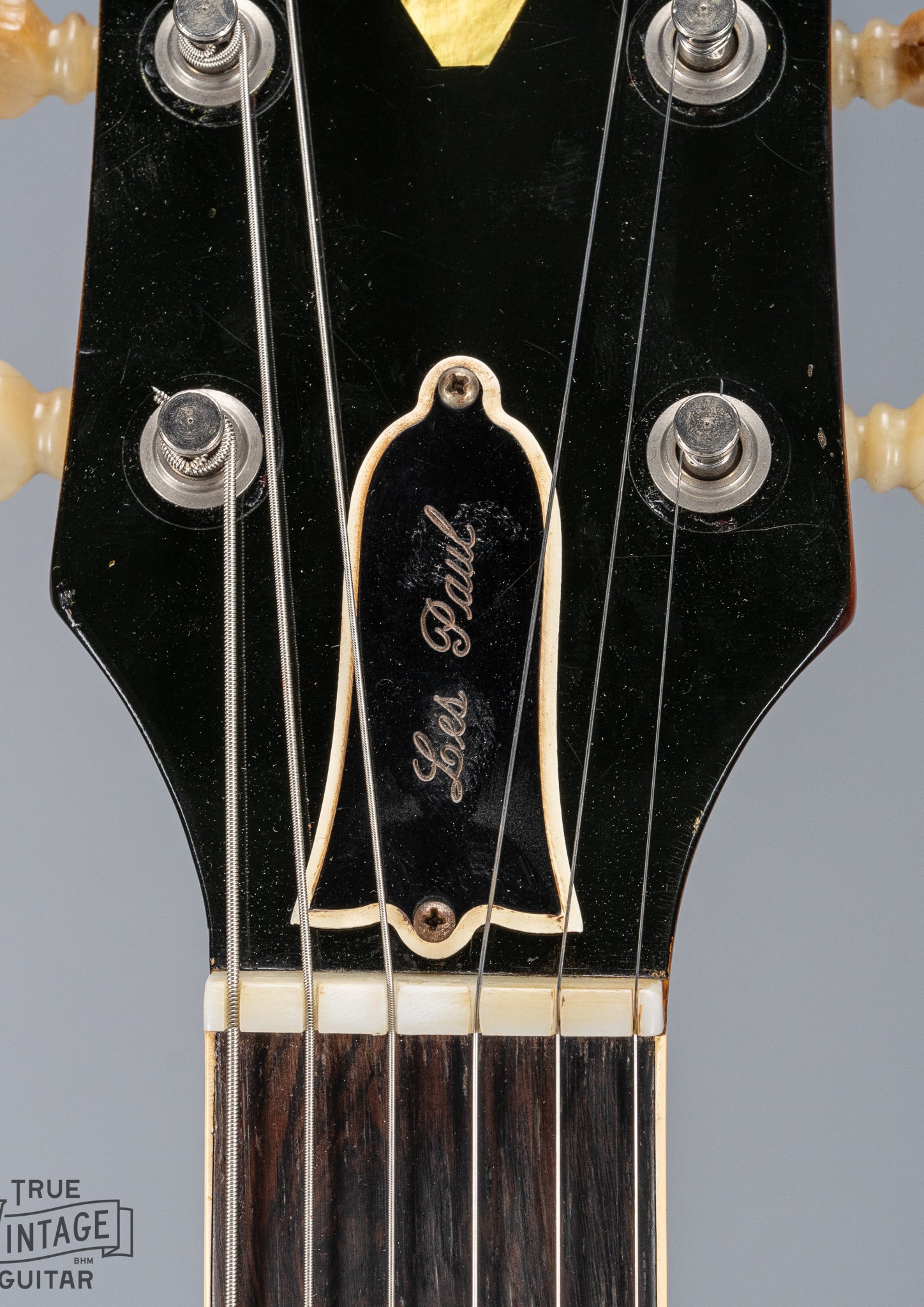 Front of 1961 Gibson Les Paul Standard Cherry Neck and Headstock Nut Original Tuners Logo Truss Rod Cover