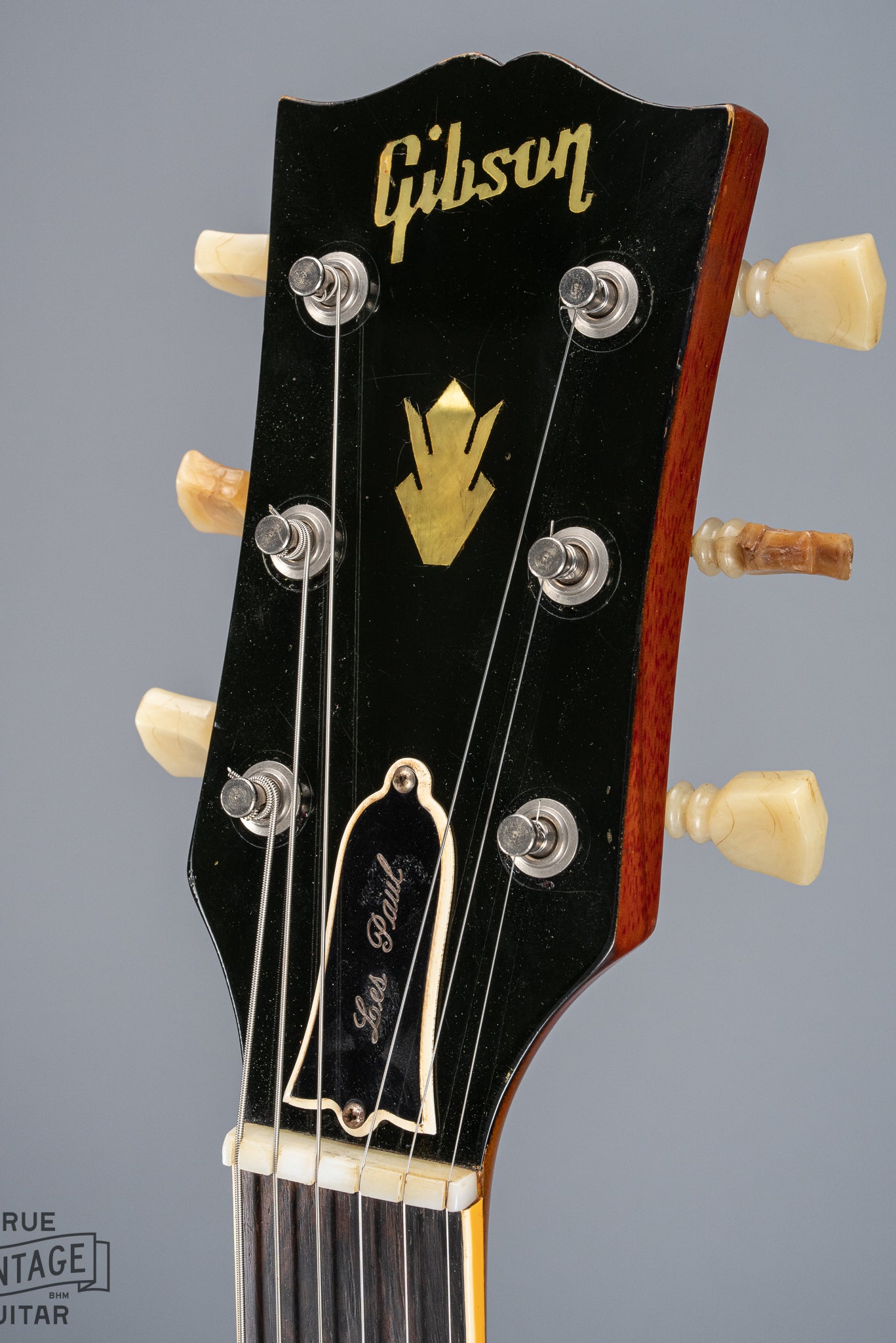 Front of 1961 Gibson Les Paul Standard Cherry Neck and Headstock Nut Original Tuners Logo Truss Rod Cover