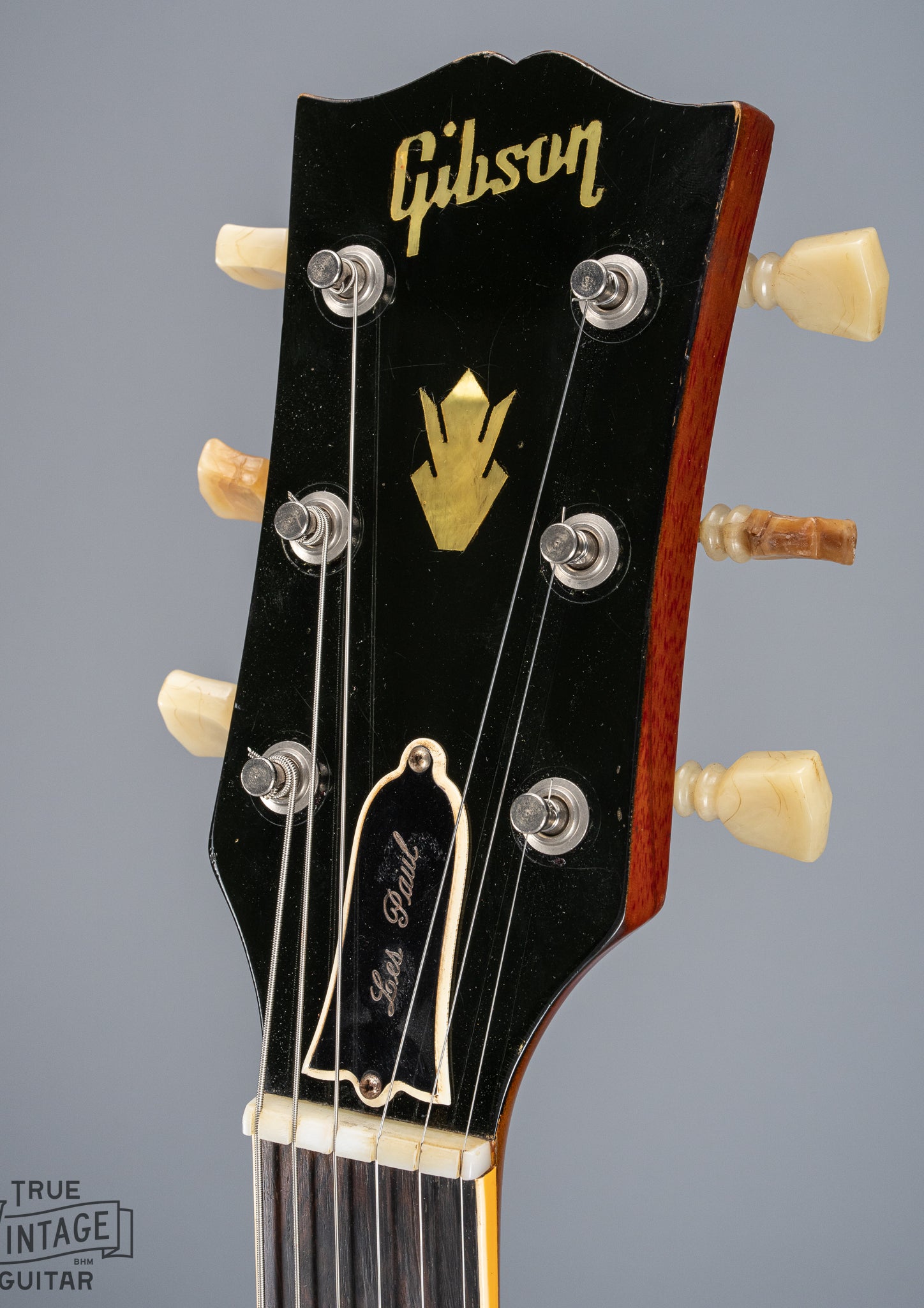 Front of 1961 Gibson Les Paul Standard Cherry Neck and Headstock Nut Original Tuners Logo Truss Rod Cover