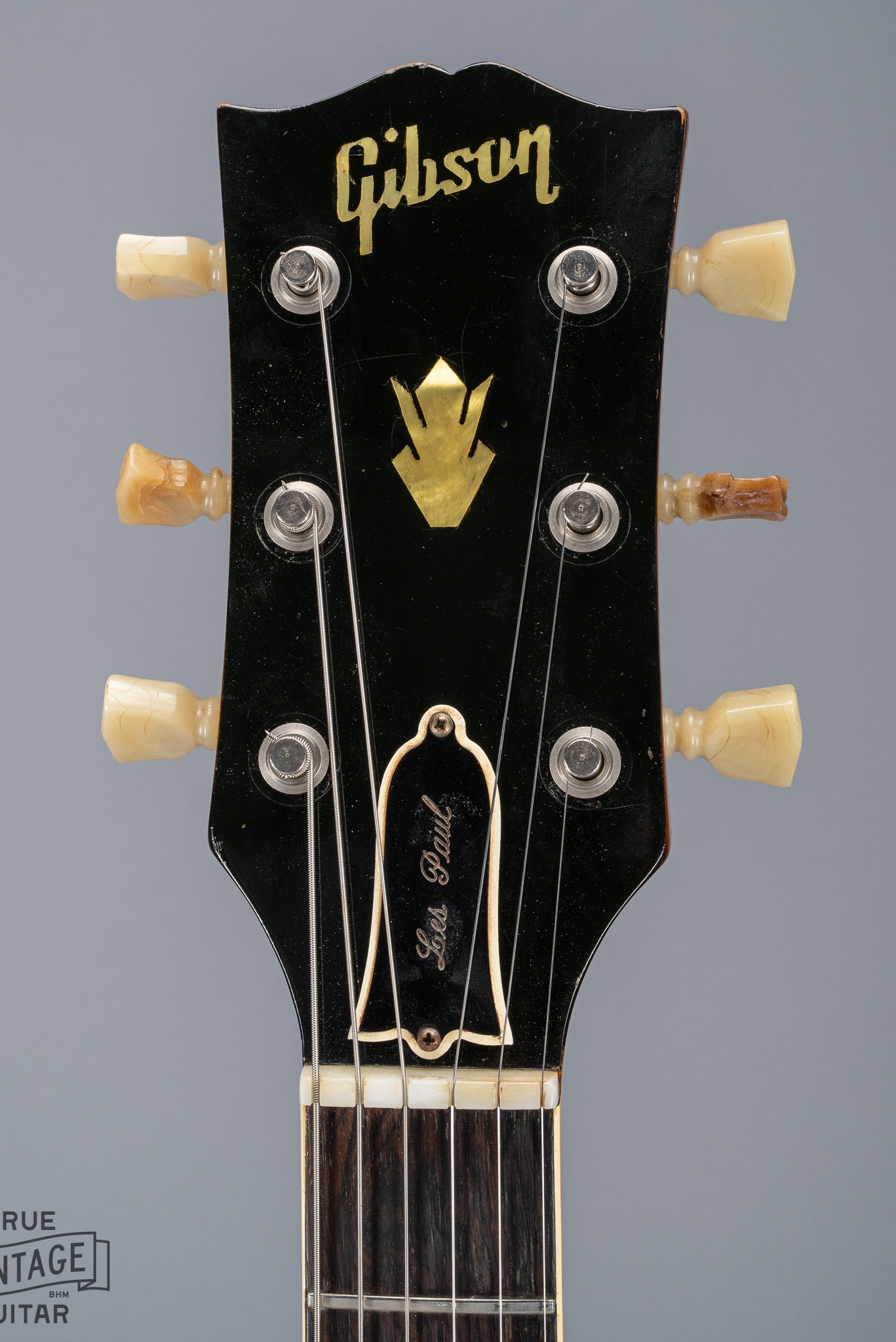 Front of 1961 Gibson Les Paul Standard Cherry Neck and Headstock Nut Original Tuners Logo Truss Rod Cover