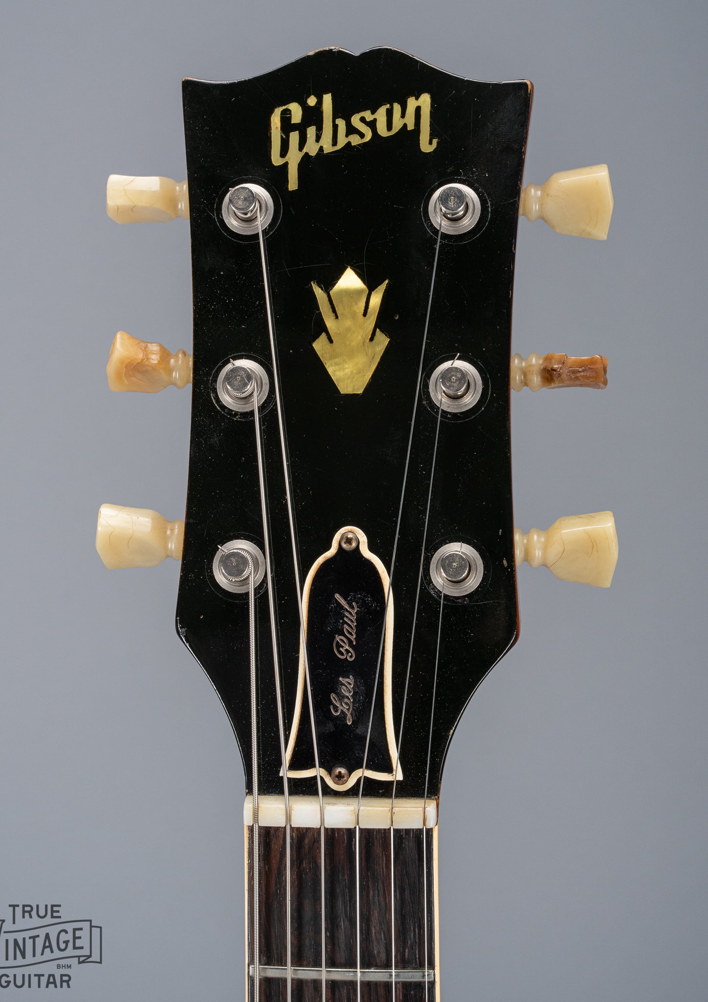 Front of 1961 Gibson Les Paul Standard Cherry Neck and Headstock Nut Original Tuners Logo Truss Rod Cover