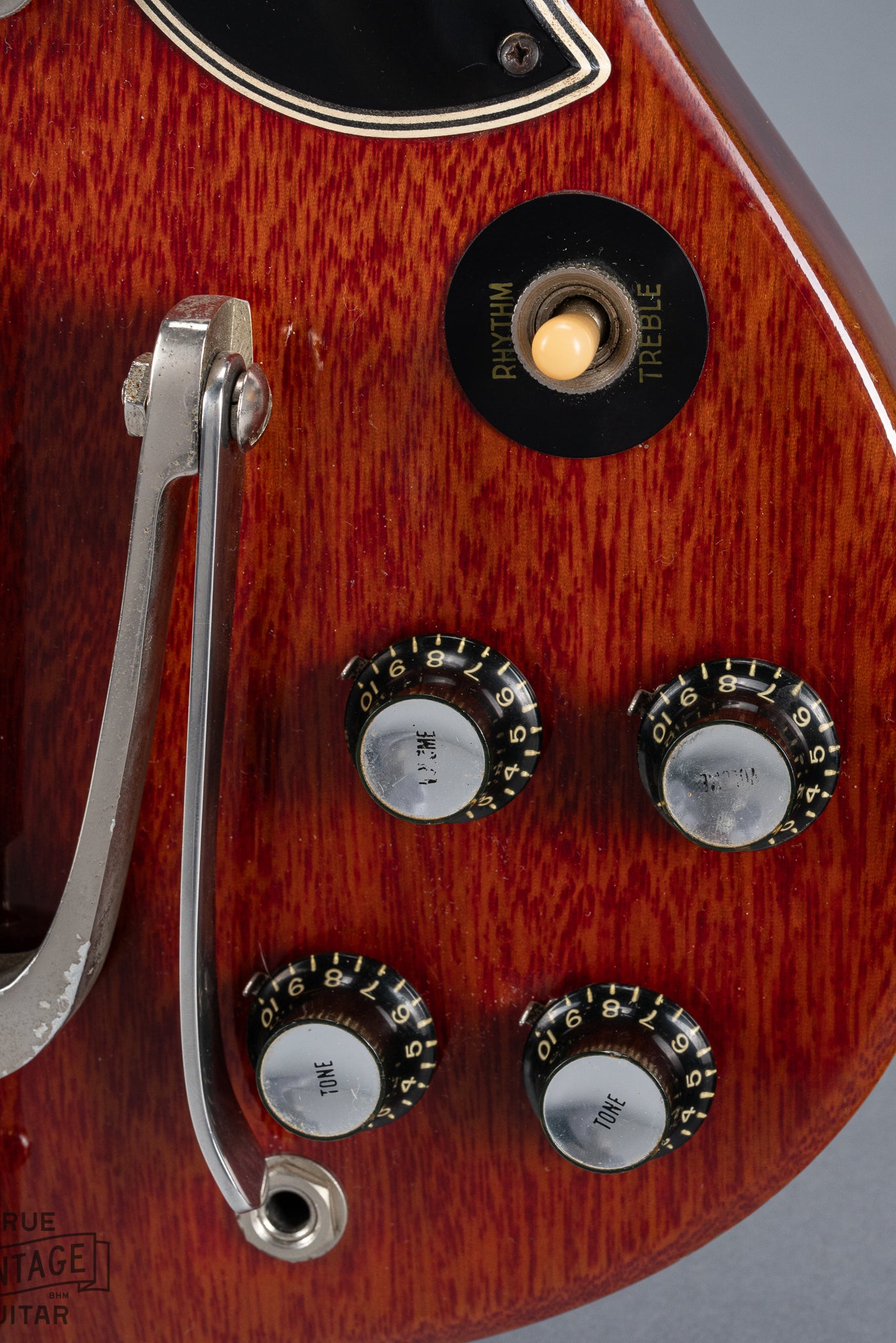 Front of 1961 Gibson Les Paul Standard Cherry PAF Sideways Vibrola Switch Volume and Tone Controls