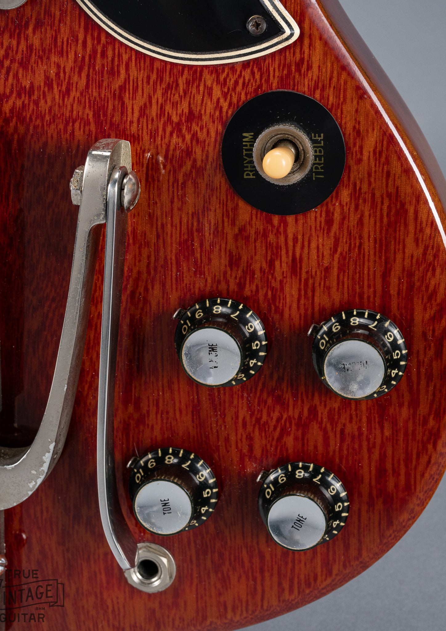 Front of 1961 Gibson Les Paul Standard Cherry PAF Sideways Vibrola Switch Volume and Tone Controls