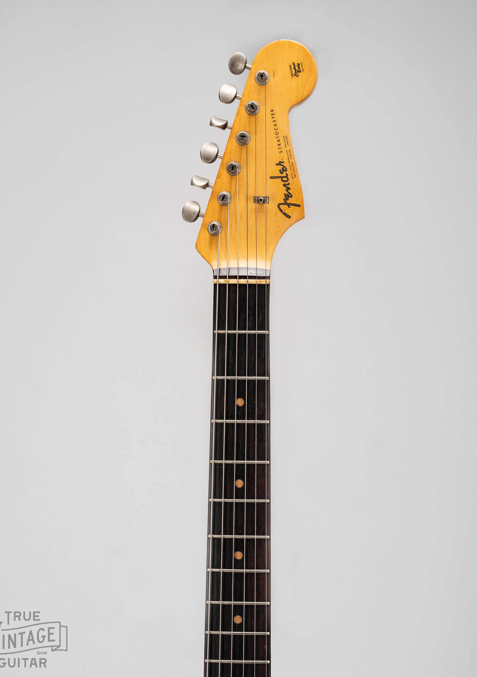 Front of the neck of 1962 Fender Stratocaster Olympic White