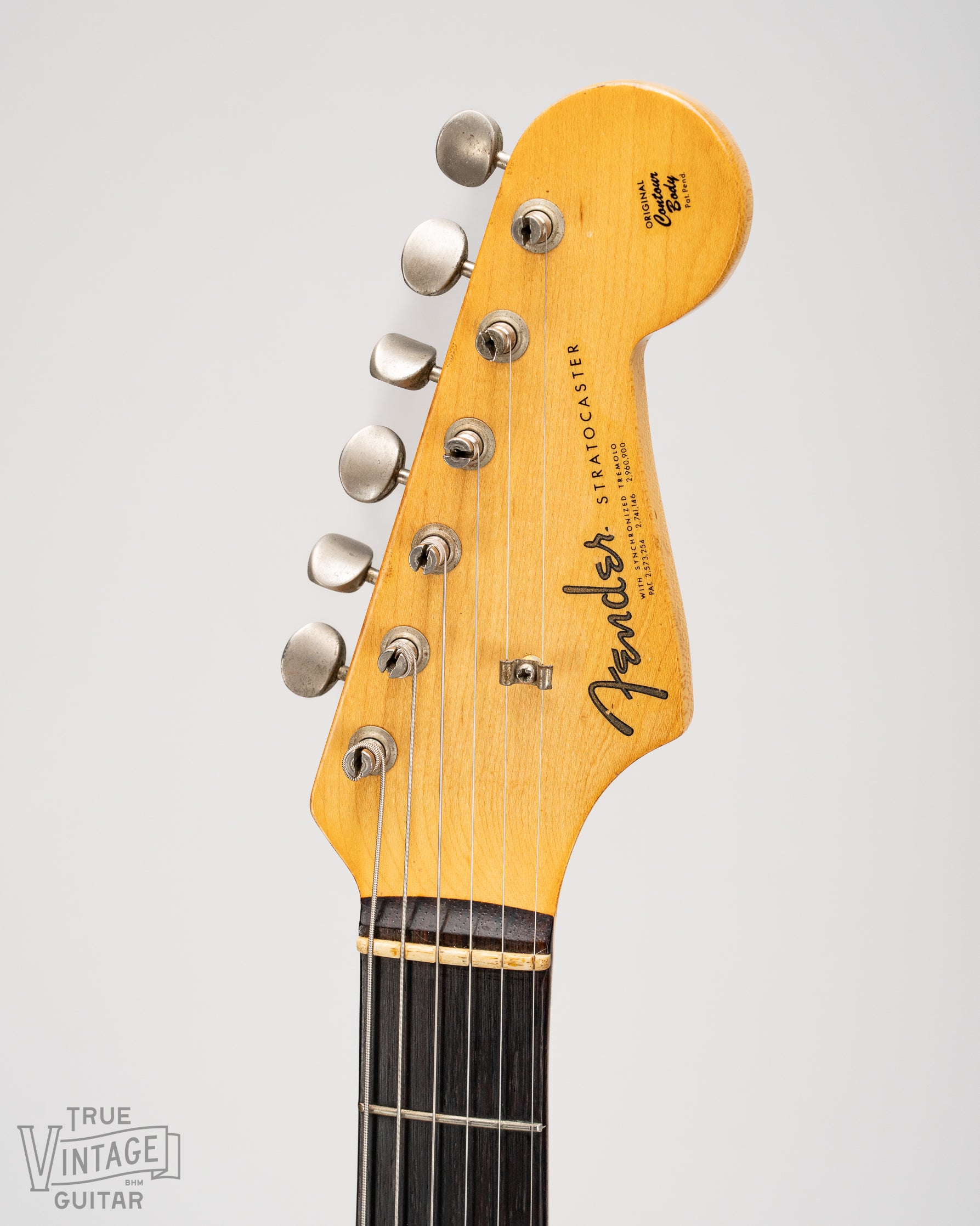 Front of the headstock of slab board Stratocaster