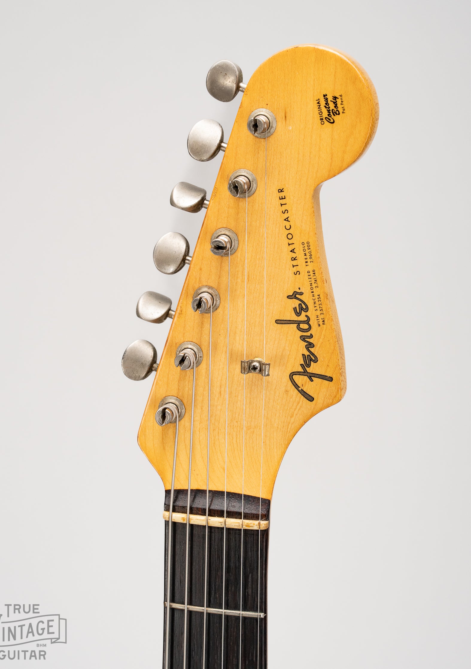 Front of the headstock of slab board Stratocaster