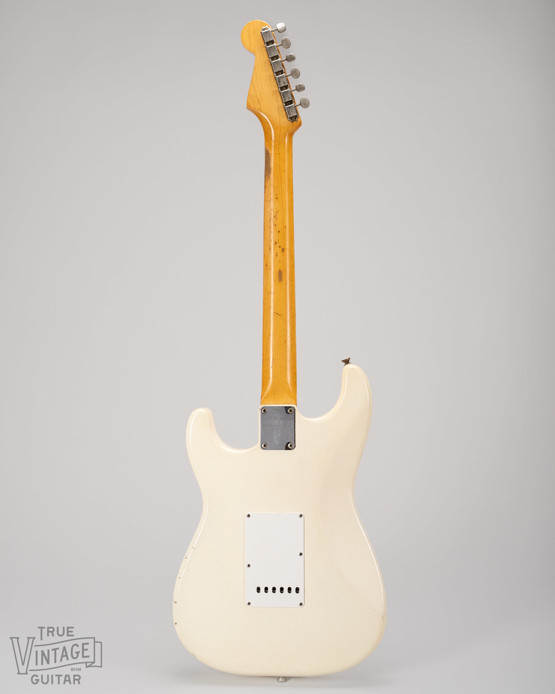 Back of 1962 Fender Stratocaster Olympic White guitar