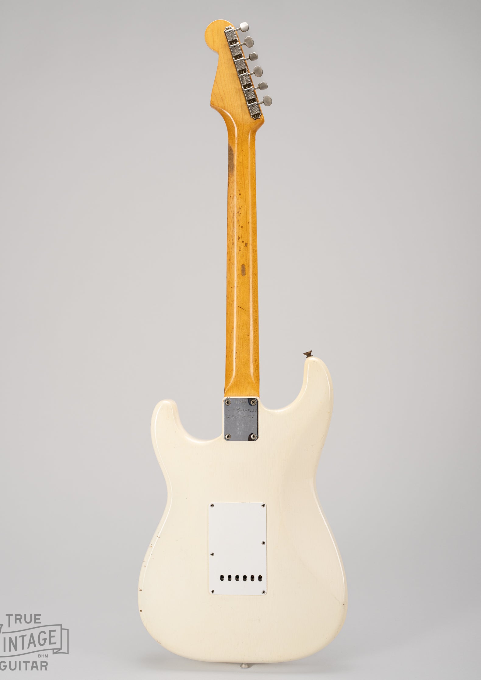 Back of 1962 Fender Stratocaster Olympic White guitar