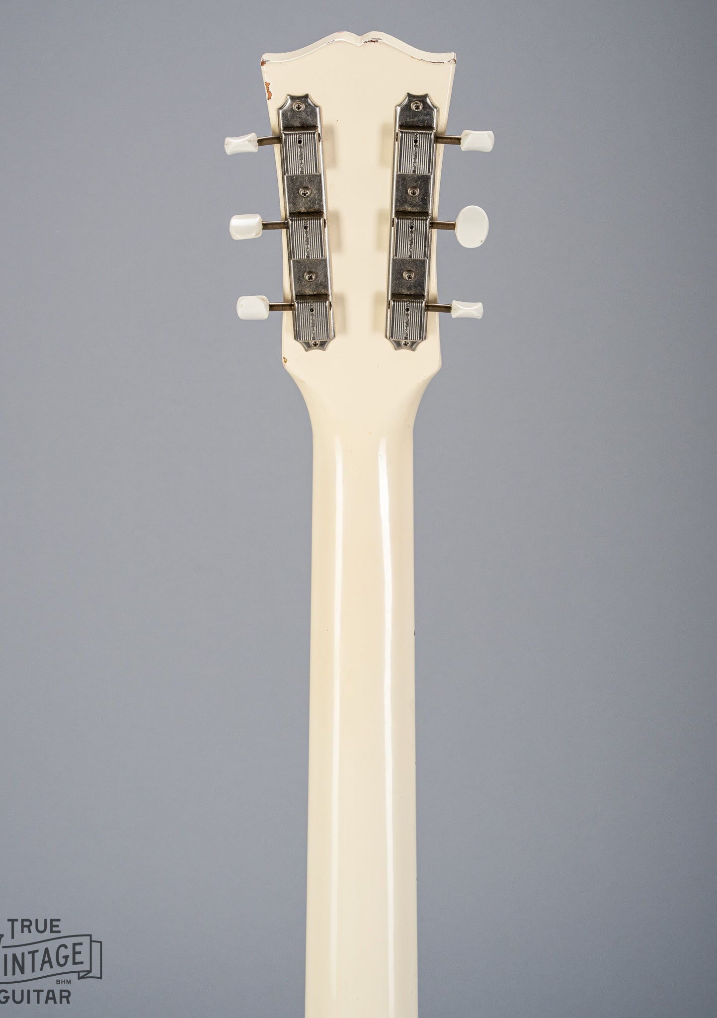 back of 1962 Gibson SG Special white guitar neck headstock tuners