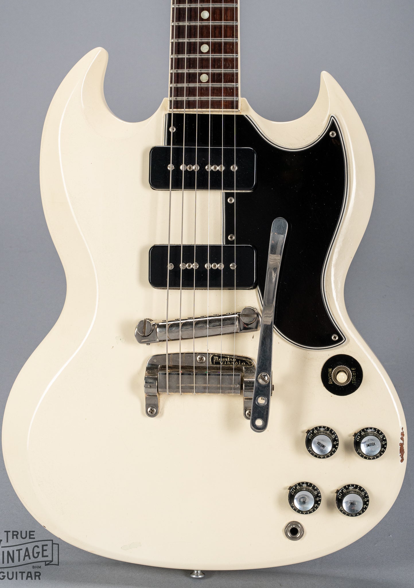 Front of 1962 Gibson SG Special white guitar body p90s maestro vibrola
