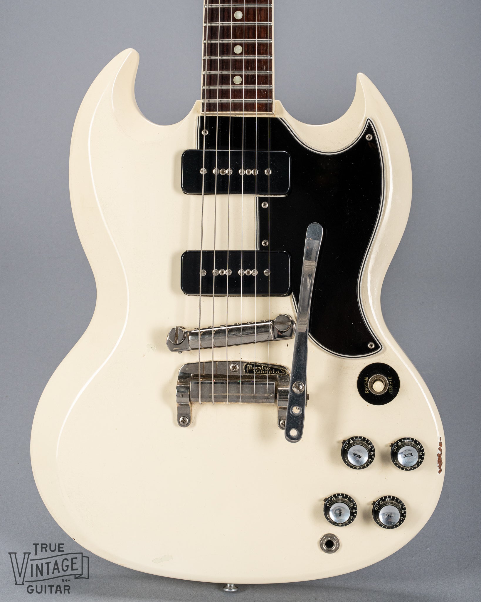 Front of 1962 Gibson SG Special white guitar body p90s maestro vibrola