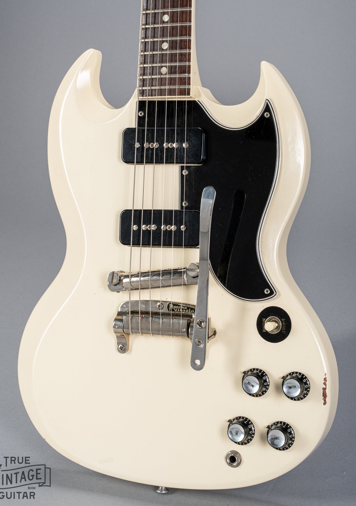 Front of 1962 Gibson SG Special white guitar body p90s maestro vibrola