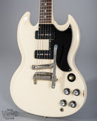 Front of 1962 Gibson SG Special white guitar body p90s maestro vibrola
