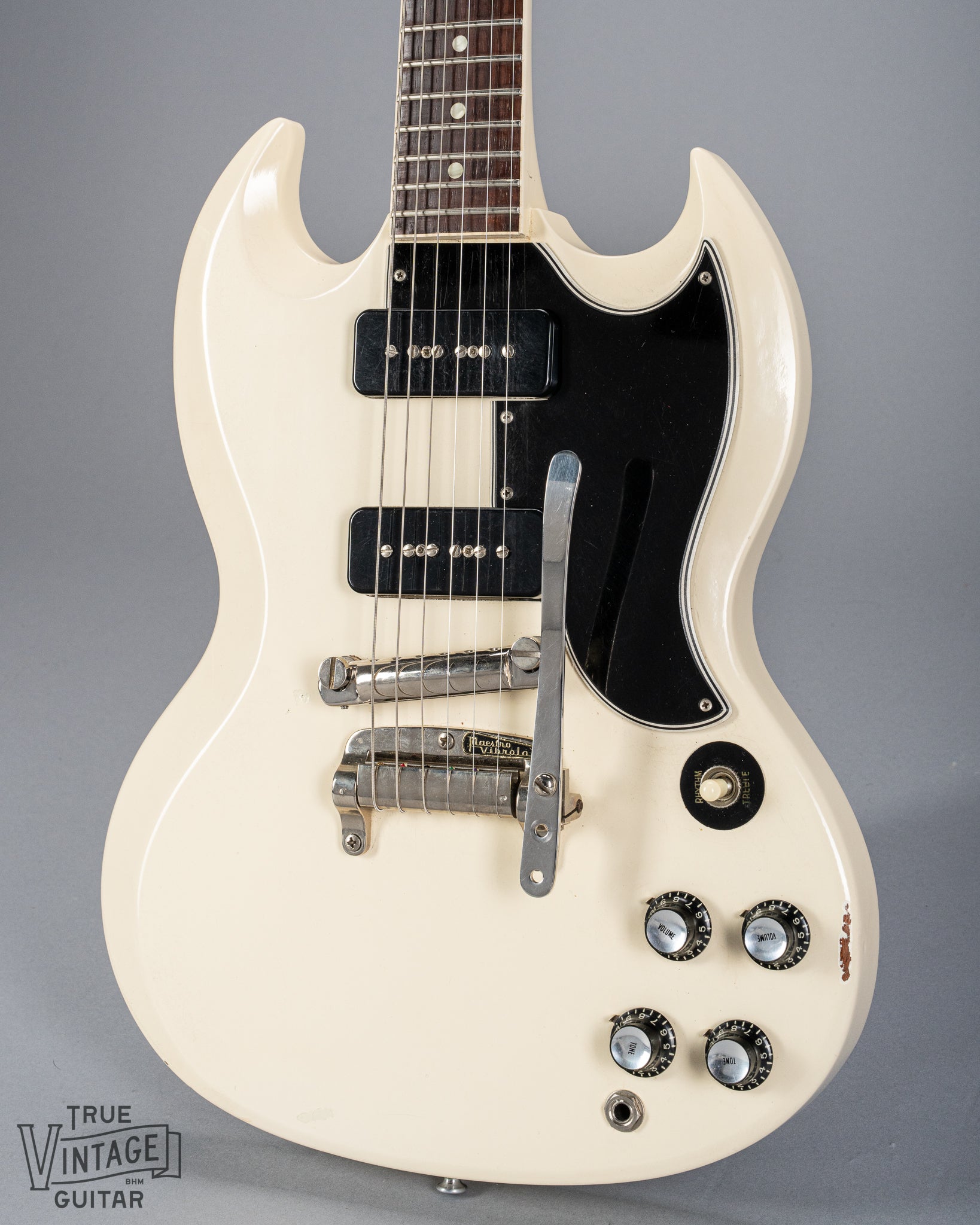 Front of 1962 Gibson SG Special white guitar body p90s maestro vibrola
