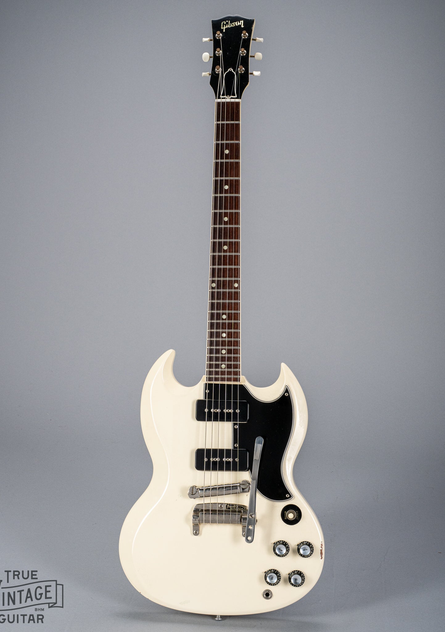 Front of 1962 Gibson SG Special white guitar body neck and headstock p90s maestro vibrola