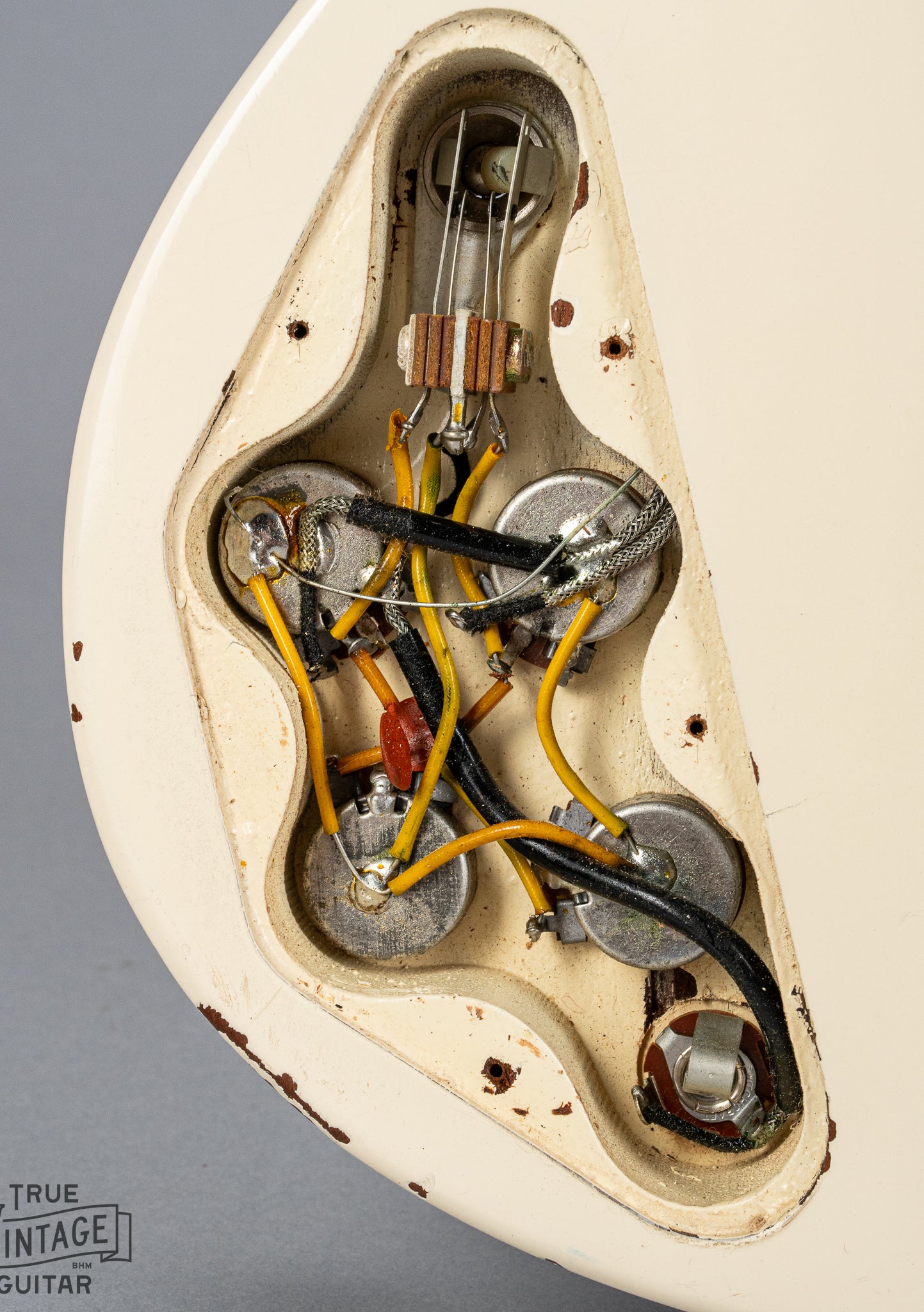 1962 Gibson SG Special white guitar pots, wiring, electronics, control cavity, input jack