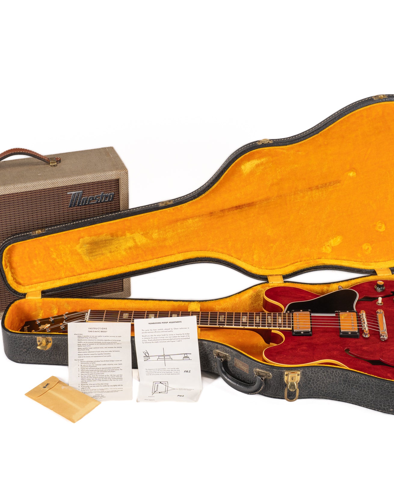 1963 Gibson ES-335 Cherry in Original Case with Gibson Maestro Reverb Echo, Tune-O-Matic Bridge Instructions, Humbucking Pickup Adjustment Sheet, and Case Key
