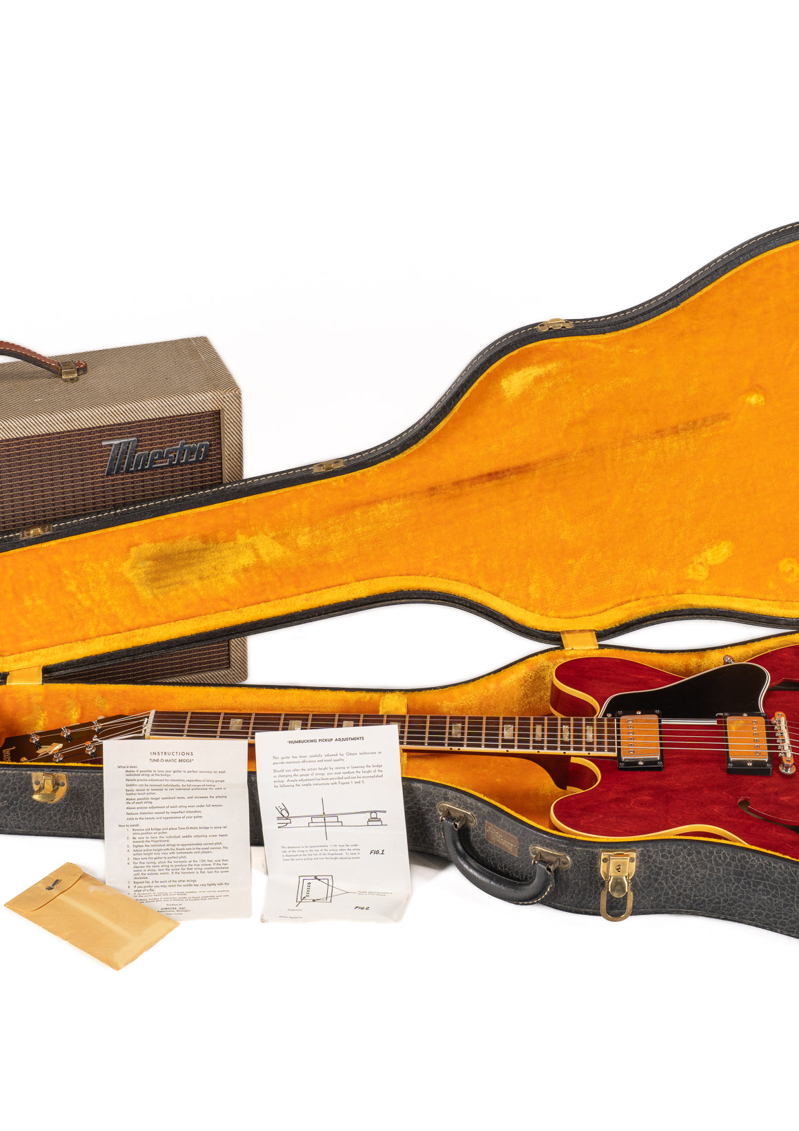 1963 Gibson ES-335 Cherry in Original Case with Gibson Maestro Reverb Echo, Tune-O-Matic Bridge Instructions, Humbucking Pickup Adjustment Sheet, and Case Key