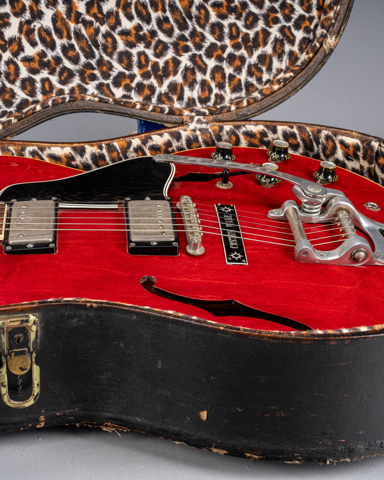 Gibson 1963 ES-335 Cherry red guitar body Bigsby in cheetah print hardshell case