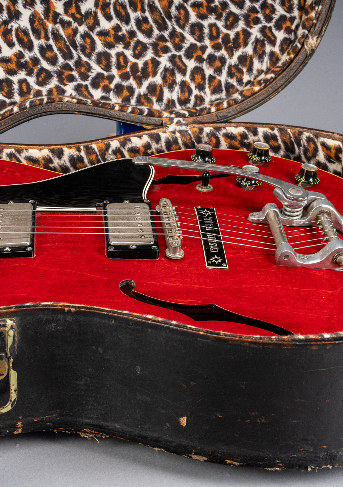 Gibson 1963 ES-335 Cherry red guitar body Bigsby in cheetah print hardshell case