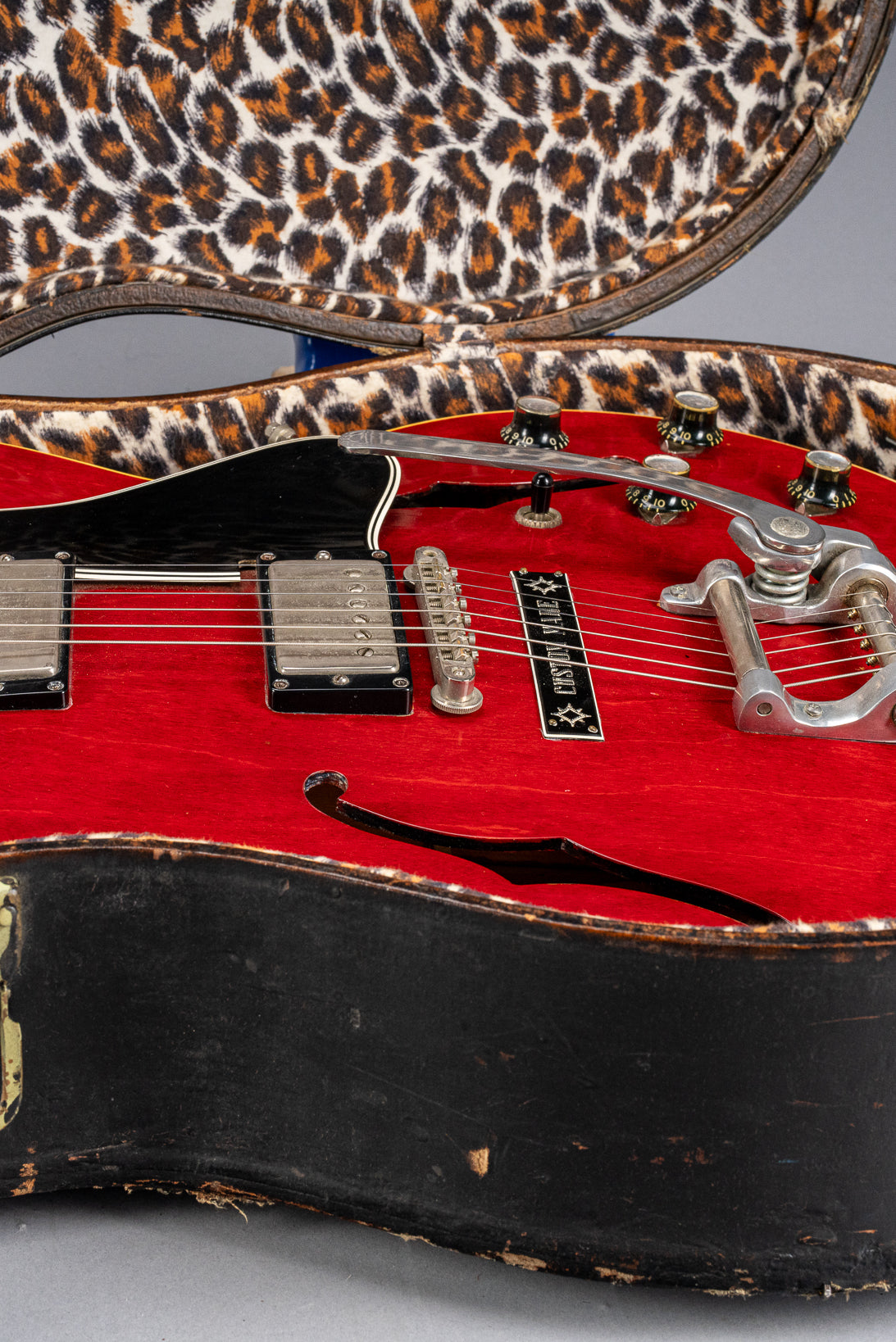 Gibson 1963 ES-335 Cherry red guitar body Bigsby in cheetah print hardshell case