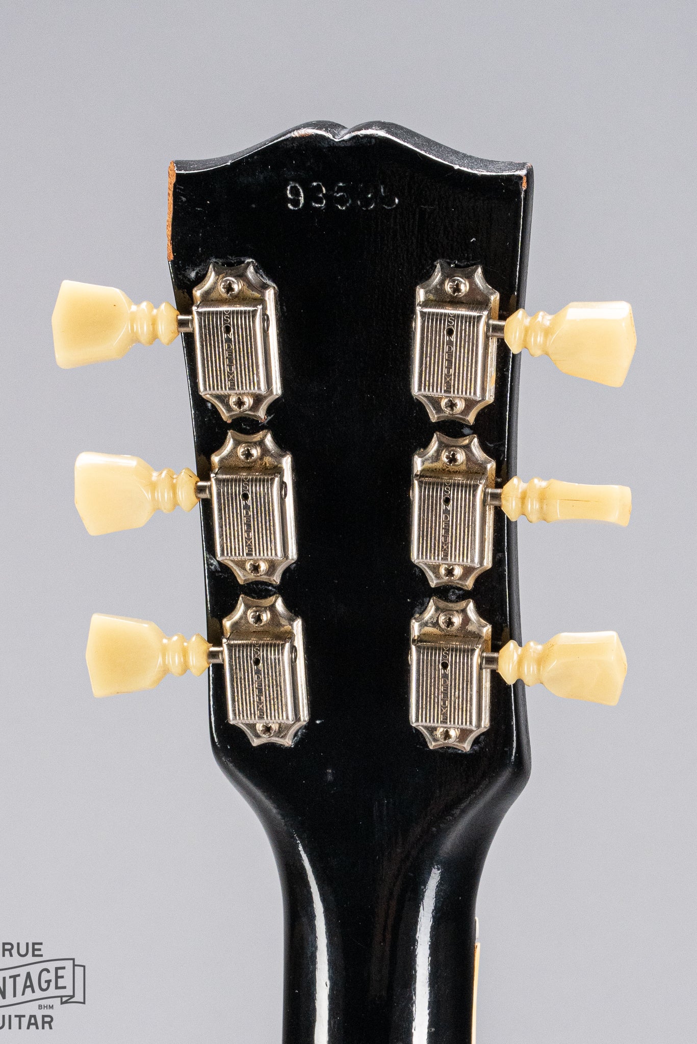 back of Gibson 1963 ES-335 Cherry red guitar headstock chip serial number tuners